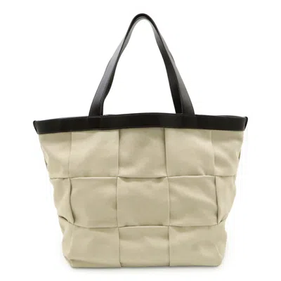 Pre-owned Bottega Veneta Beige Dark Brown Grayish Canvas Leather Tote Bag ()