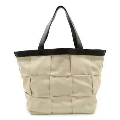 Pre-owned Bottega Veneta Beige Dark Brown Grayish Canvas Leather Tote Bag ()