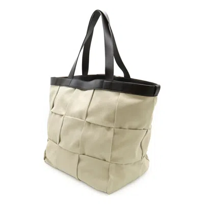 Pre-owned Bottega Veneta Beige Dark Brown Grayish Canvas Leather Tote Bag ()