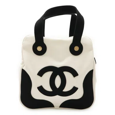 Pre-owned Chanel Black Ivory White Canvas Leather Handbag Tote Bag ()