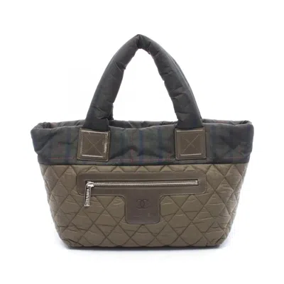 Pre-owned Chanel Green Khaki Multi-color Nylon Leather Tote Bag ()