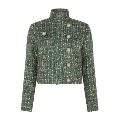 Sour Figs Women's Gold / Green High-neck Metallic Thread Bouclé Tweed Jacket In Emerald Green In Multi