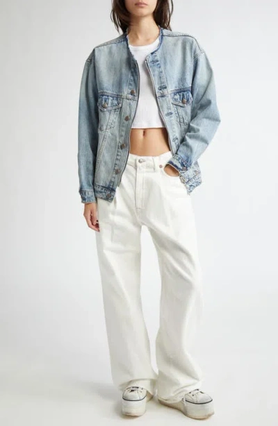 R13 Collarless Zip Front Denim Trucker Jacket In Blue