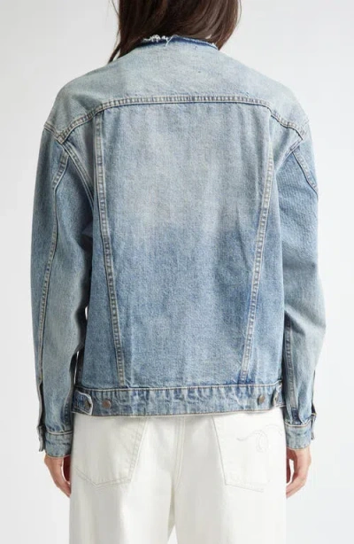 R13 Collarless Zip Front Denim Trucker Jacket In Blue