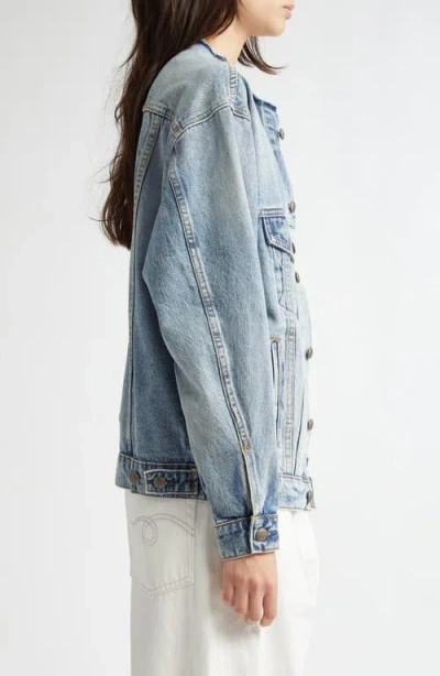 R13 Collarless Zip Front Denim Trucker Jacket In Blue