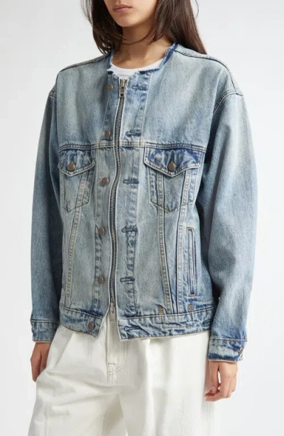 R13 Collarless Zip Front Denim Trucker Jacket In Blue