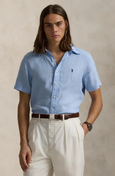 Polo Ralph Lauren Piece Dye Linen Short Sleeve Button-down Shirt In Blue