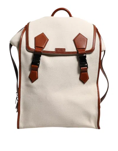 Pre-owned Dolce & Gabbana Beige Brown Canvas Leather Edge Travel Men Back Pack Men's Bag () In Sand