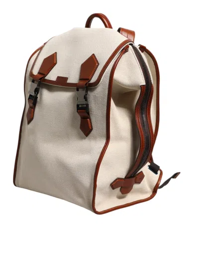 Pre-owned Dolce & Gabbana Beige Brown Canvas Leather Edge Travel Men Back Pack Men's Bag () In Sand
