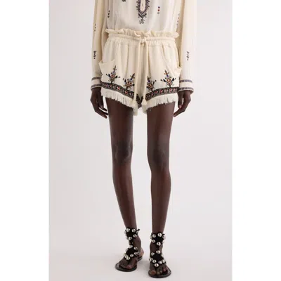 Isabel Marant Étoile Kriss Embroidered Fringed Paperbag Waist Shorts In Neutral