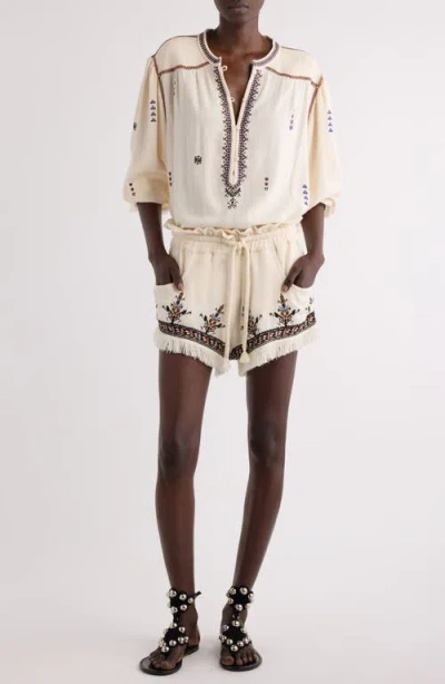 Isabel Marant Étoile Kriss Embroidered Fringed Paperbag Waist Shorts In Neutral