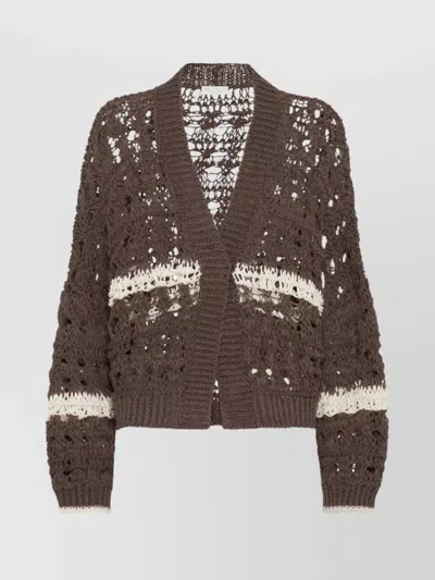 Brunello Cucinelli Stripe Cotton-jute Open Knit V-neck Cardigan In Brown