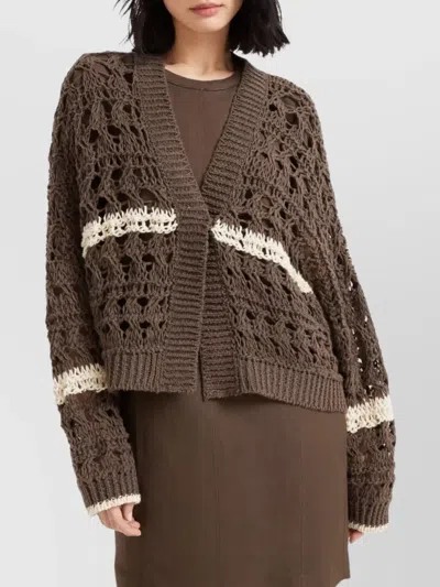 Brunello Cucinelli Stripe Cotton-jute Open Knit V-neck Cardigan In Brown