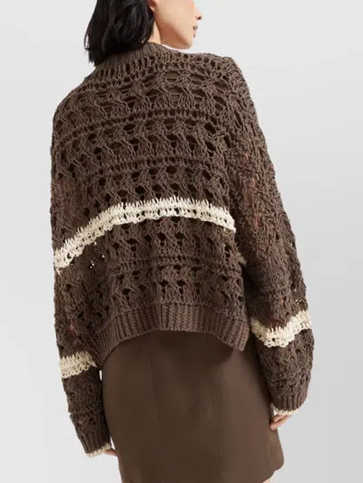 Brunello Cucinelli Stripe Cotton-jute Open Knit V-neck Cardigan In Brown