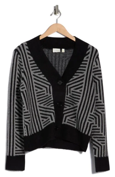 Cyrus Geometric Button Front Crop Cardigan In Black