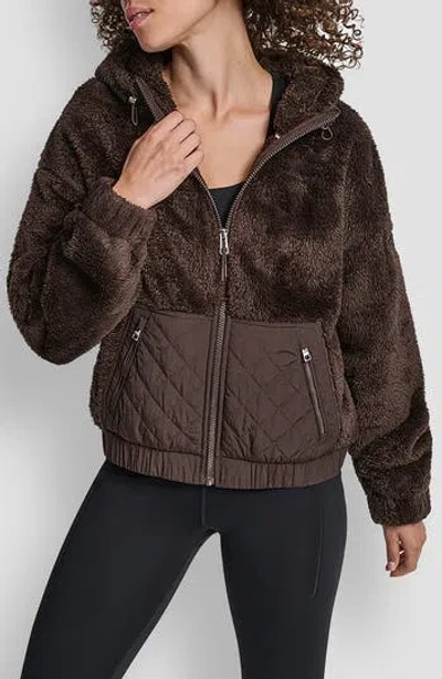 Dkny Faux Shearling & Diamond Quilted Hooded Jacket In Brown