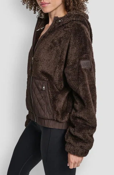 Dkny Faux Shearling & Diamond Quilted Hooded Jacket In Brown
