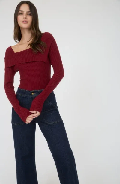 Blu Pepper Asymmetric Long Sleeve Ribbed Sweater In Red