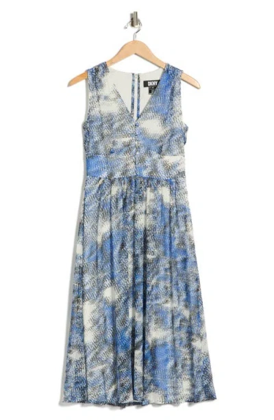 Dkny V-neck Sleeveless Fit & Flare Midi Dress In Blue