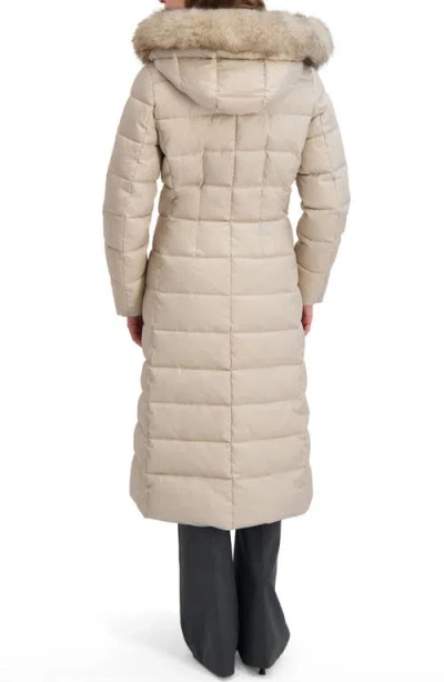Tahari Womens Maxi Shine Bibbed Faux-fur-trimmed Hooded Puffer Coat In Neutral