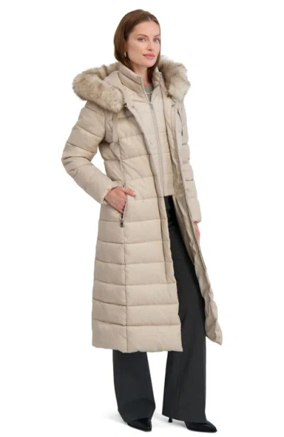 Tahari Womens Maxi Shine Bibbed Faux-fur-trimmed Hooded Puffer Coat In Neutral
