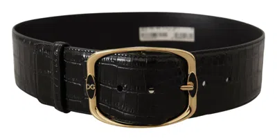 Dolce & Gabbana Black Crocodile Print Gold Metal Dg Logo Buckle Belt In Black