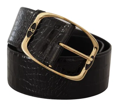 Dolce & Gabbana Black Crocodile Print Gold Metal Dg Logo Buckle Belt In Black