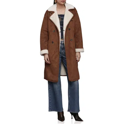 Avec Les Filles Double Breasted Faux Fur Belted Coat In Brown