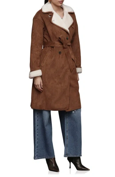 Avec Les Filles Double Breasted Faux Fur Belted Coat In Brown