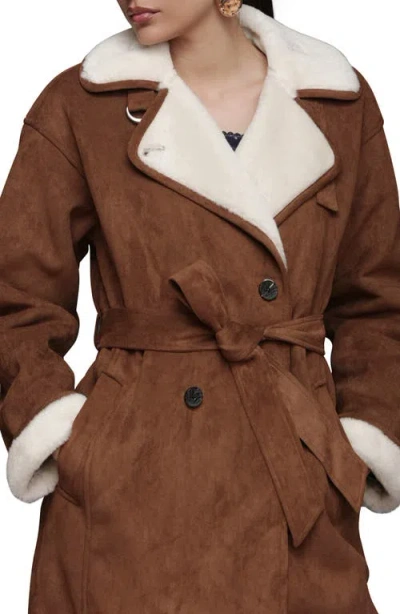 Avec Les Filles Double Breasted Faux Fur Belted Coat In Brown