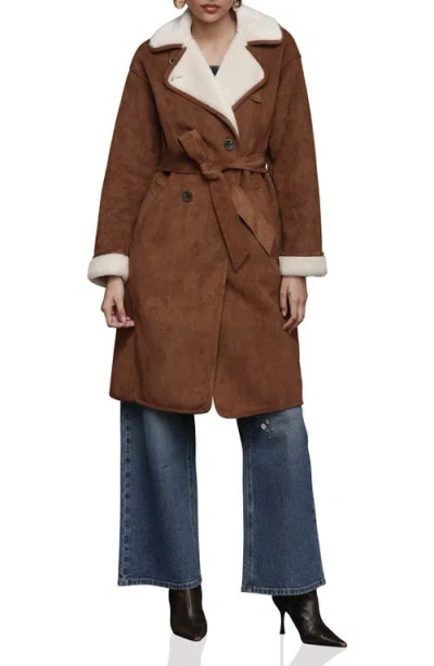 Avec Les Filles Double Breasted Faux Fur Belted Coat In Brown