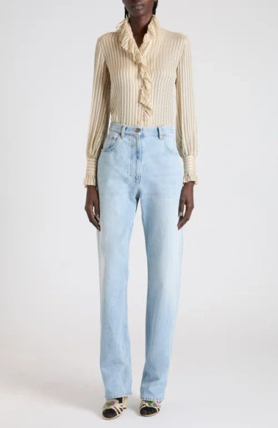 Valentino Metallic Striped Ruffle Button-down Shirt In Neutral