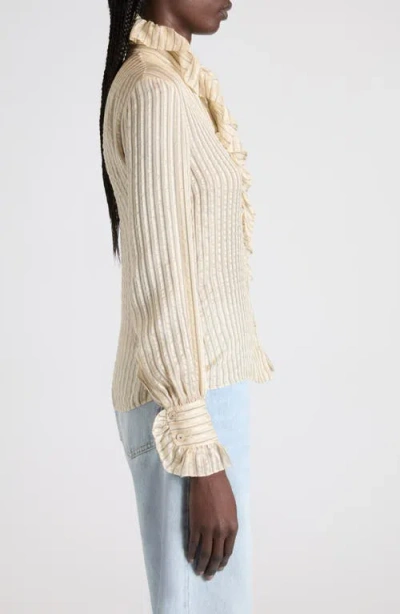 Valentino Metallic Striped Ruffle Button-down Shirt In Neutral