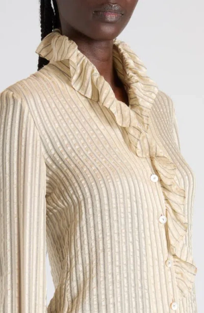 Valentino Metallic Striped Ruffle Button-down Shirt In Neutral