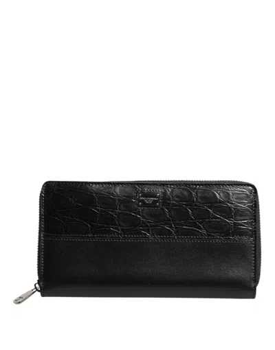 Pre-owned Dolce & Gabbana Black Leather Dg Plaque Zip Around Continental Men's Wallet ()