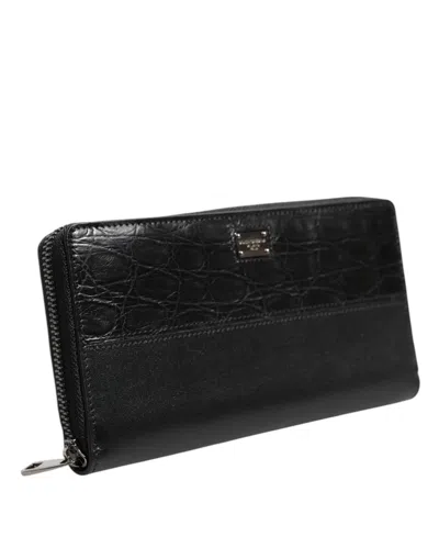 Pre-owned Dolce & Gabbana Black Leather Dg Plaque Zip Around Continental Men's Wallet ()