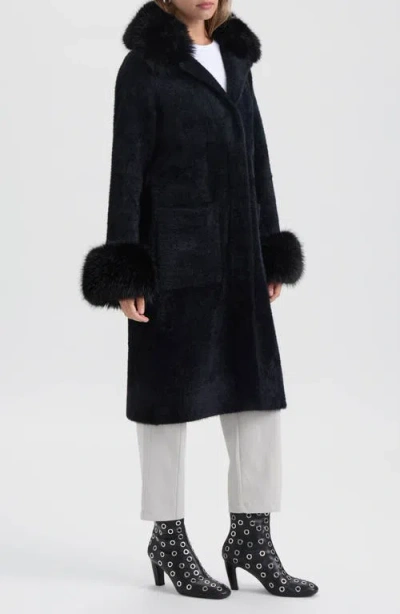 Nvlt Faux Fur Trim Longline Sweater Coat In Animal Print