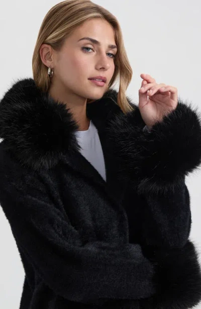 Nvlt Faux Fur Trim Longline Sweater Coat In Animal Print
