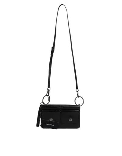 Pre-owned Dolce & Gabbana Black Leather Logo Purse Shoulder Crossbody Men's Bag ()