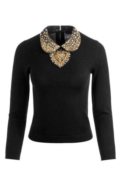 Alice And Olivia Merino Wool Embellished Porla Sweater In Black