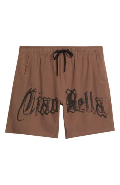 Santo Studio Tempo Ciao Bella Tech Performance Drawstring Shorts In Brown
