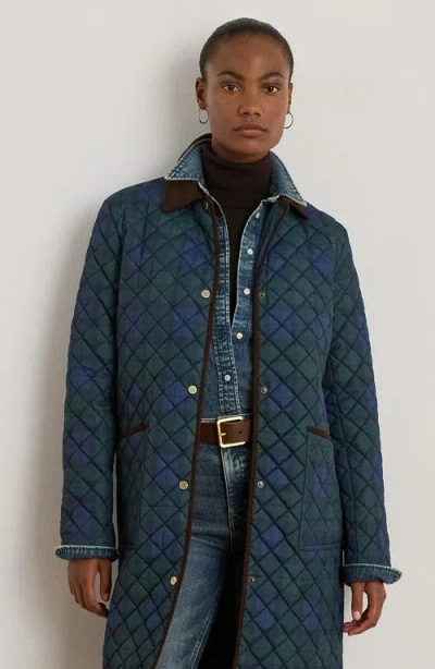 Ralph Lauren Lauren  Tartan Quilted Coat In Blue