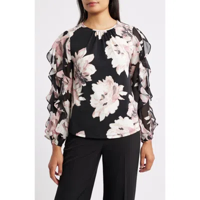 Anne Klein Ruffle Sleeve Floral Print Shirt In Black