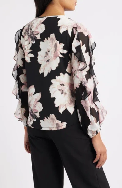 Anne Klein Ruffle Sleeve Floral Print Shirt In Black