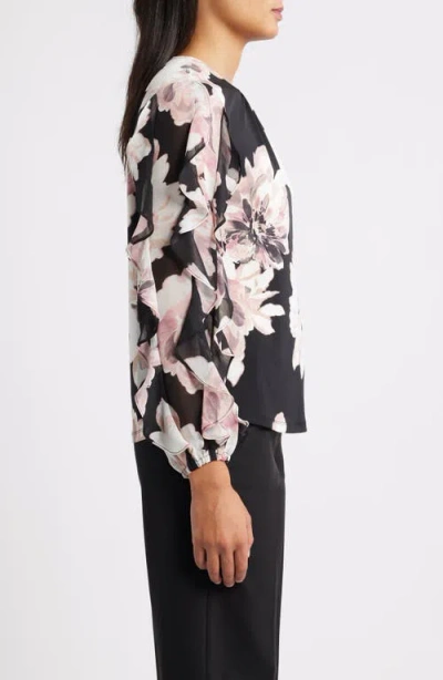 Anne Klein Ruffle Sleeve Floral Print Shirt In Black