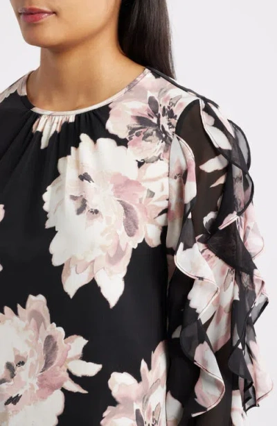 Anne Klein Ruffle Sleeve Floral Print Shirt In Black