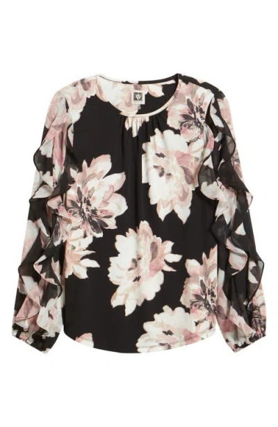 Anne Klein Ruffle Sleeve Floral Print Shirt In Black