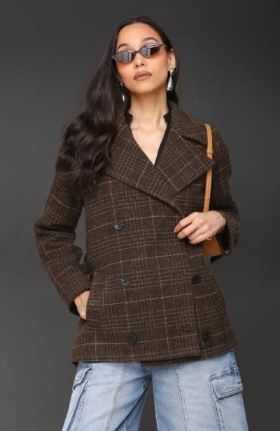 Avec Les Filles Double Breasted Plaid Coat In Brown
