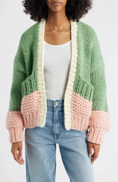 Roffe Accessories Colorblock Chunky Cardigan In Green