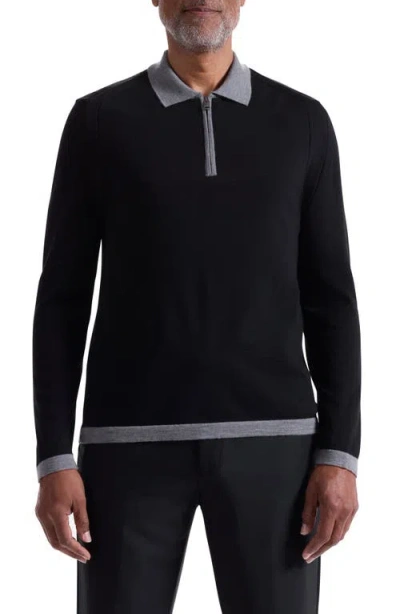 Bugatchi Long Sleeve Merino Wool Quarter Zip Polo Sweater In Black